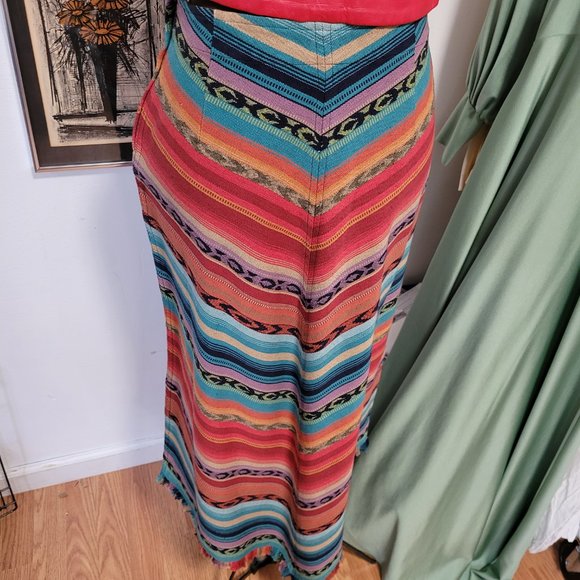 Vintage Woven Angled Skirt Fringed Western Style 100% Cotton - Picture 5 of 7